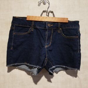 NO BOUNDARIES DARK DENIM RAW HEM SHORTS